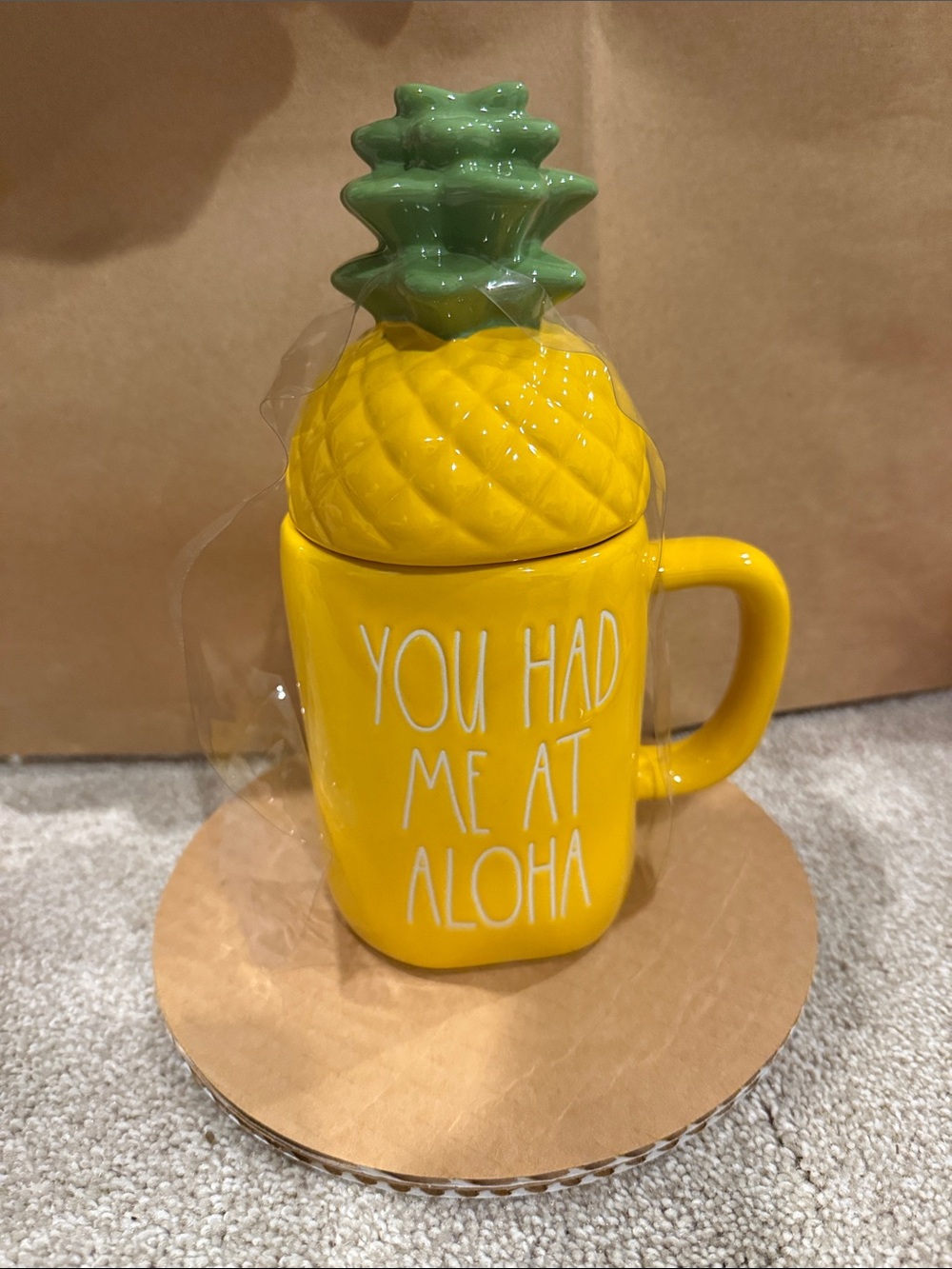 Rae Dunn Yellow Pineapple-Top Ceramic Mug with Green Lid